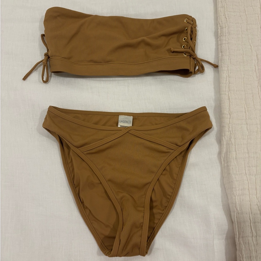 L Space Swimwear XS Ribbed Bikini Set in Camel/Tan Color